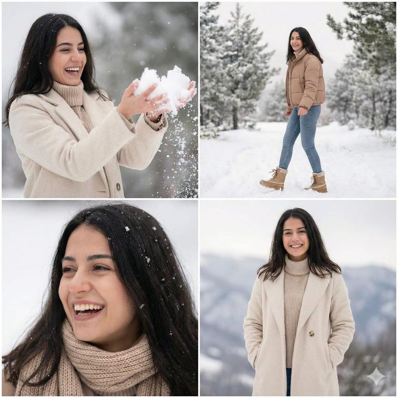 雪景中俏皮灵动的土耳其美女冬日四宫格