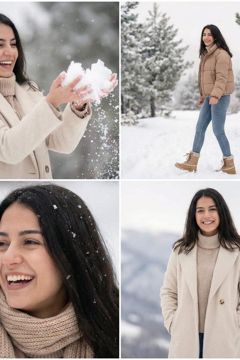 雪景中俏皮灵动的土耳其美女冬日四宫格