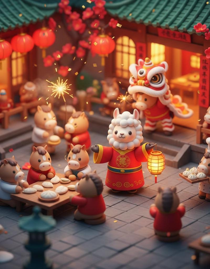 泡泡玛特风新年羊驼微缩庭院