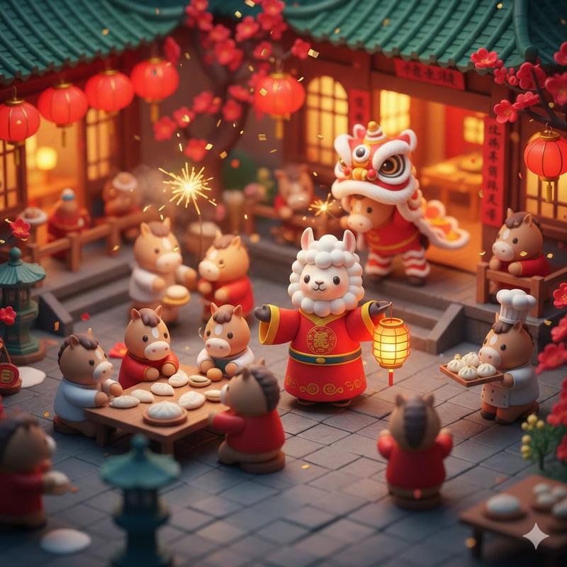 泡泡玛特风新年羊驼微缩庭院