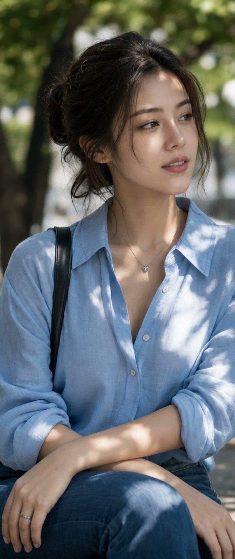 户外阳光下亚裔年轻女性公园人像