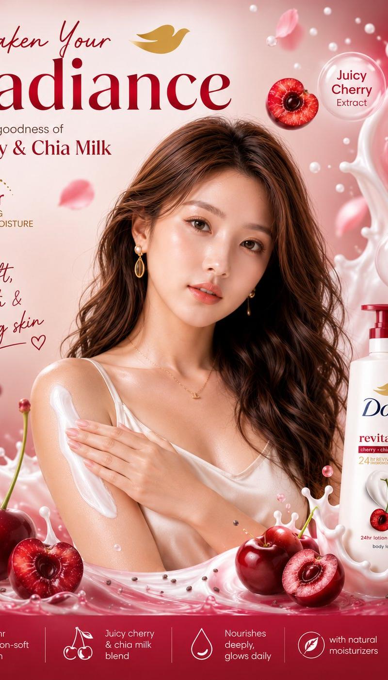 樱桃奇亚籽身体乳高端美妆广告海报