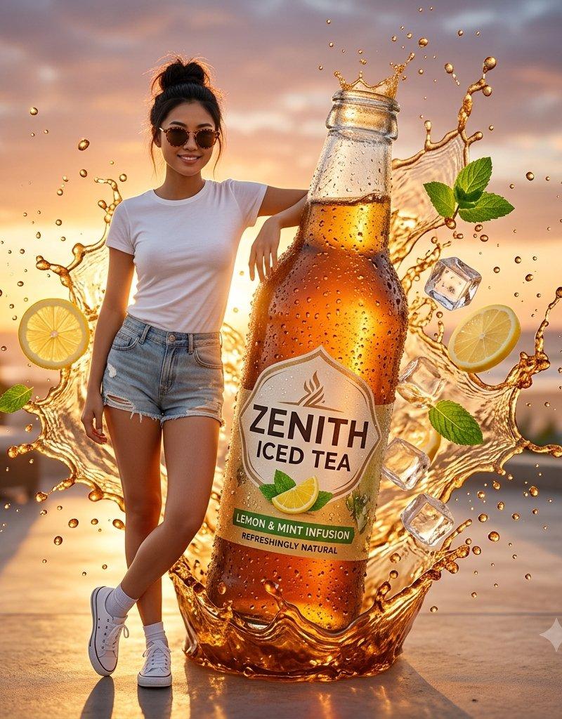 运动时尚美女与巨型冰茶饮品广告