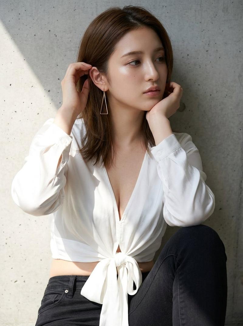 白衬衫黑牛仔裤亚裔少女特写