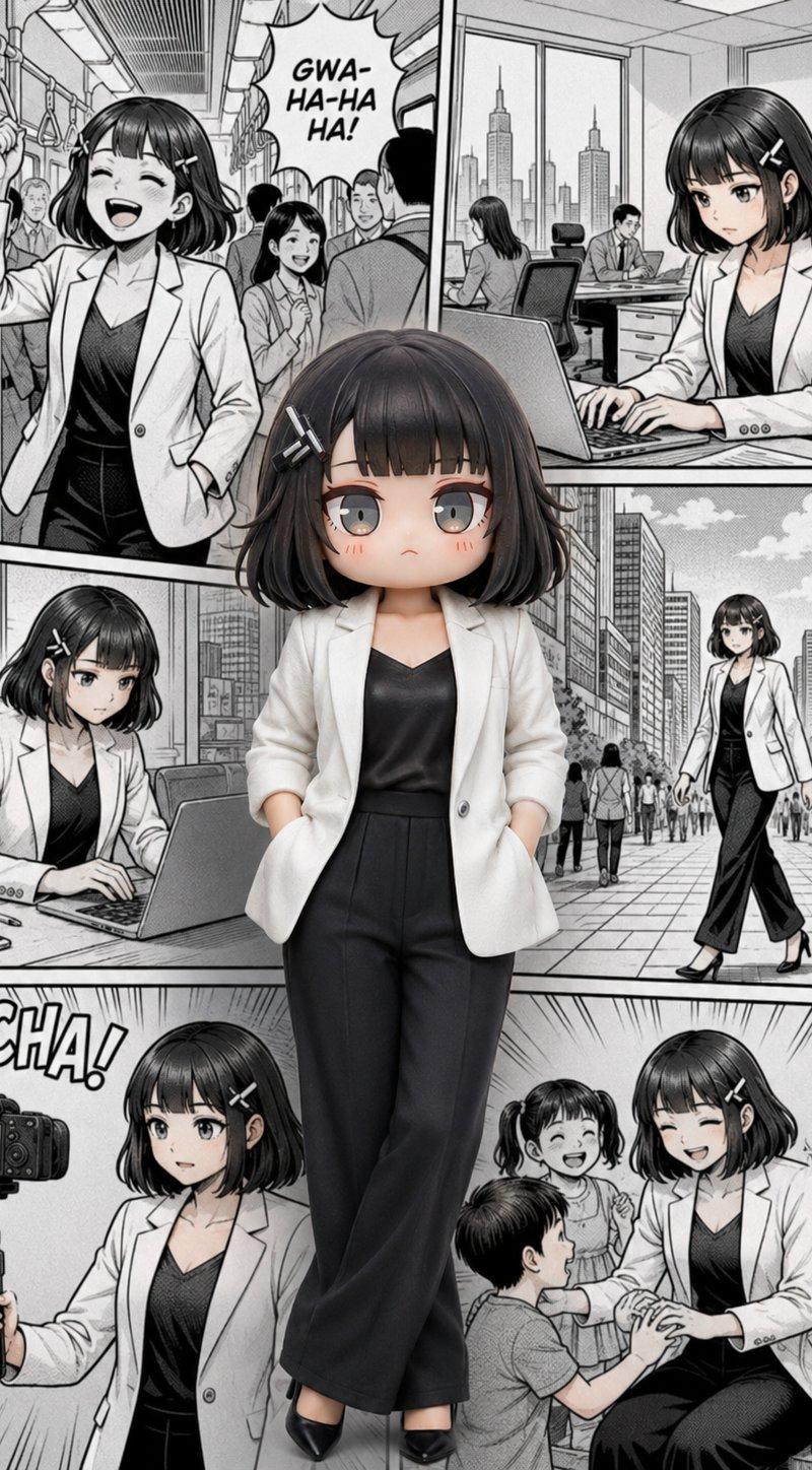 漫画拼贴背景前的职场女性写实人像