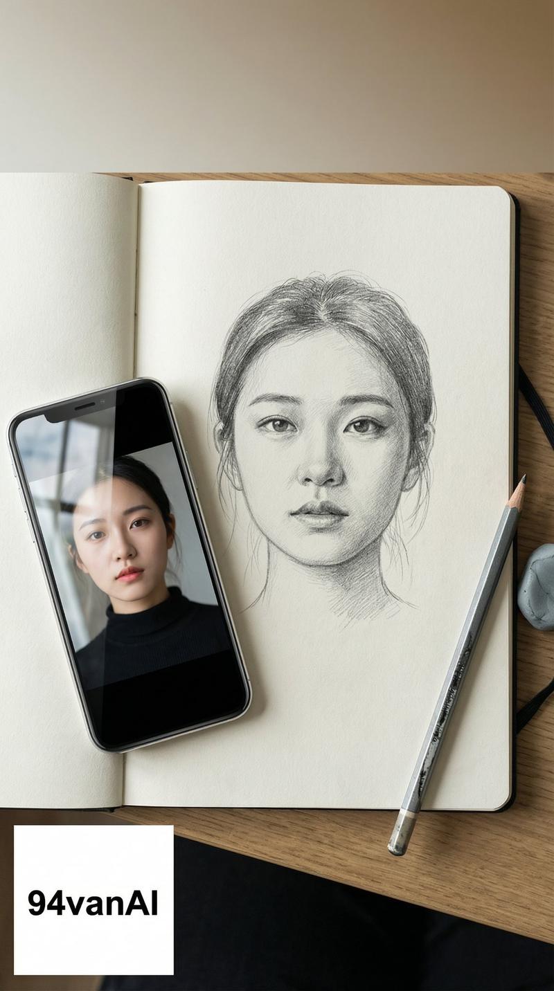 与手机原图同框的铅笔肖像