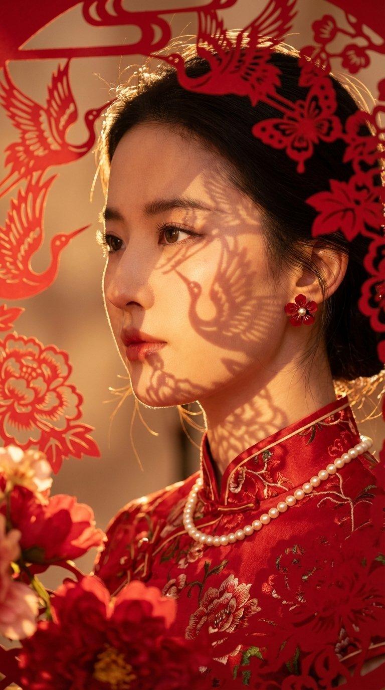 红妆剪影金辉玉颜