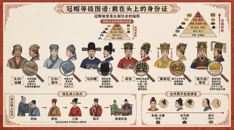 中国传统男子冠帽等级制度拆解信息图