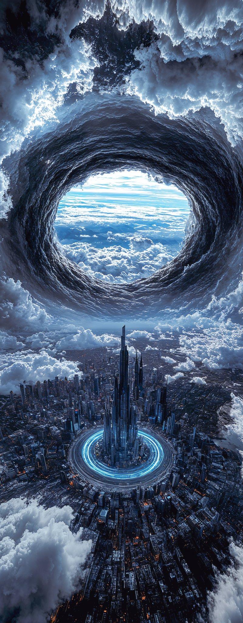 都市上空巨大的涡旋冲破暴风云层