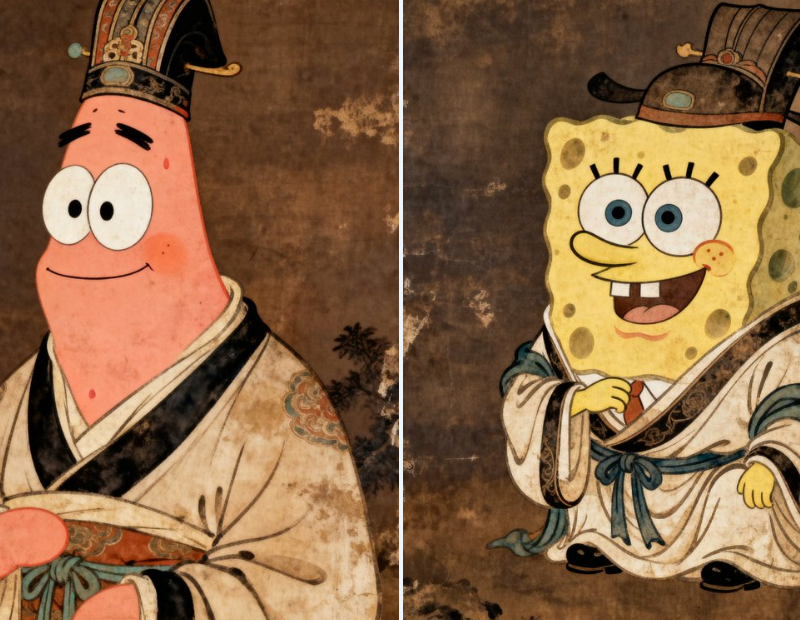 身穿古代服饰的派大星和海绵宝宝