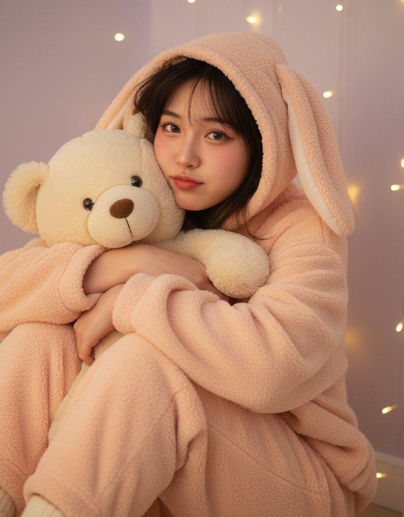 淡桃粉色宽松毛绒睡衣女孩
