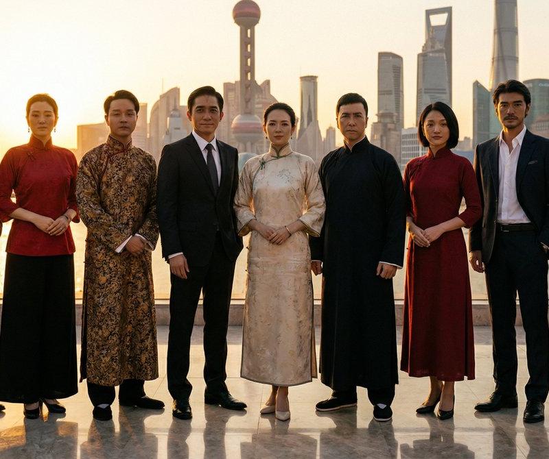 穿着成名的衣服拍合照在上海江滩