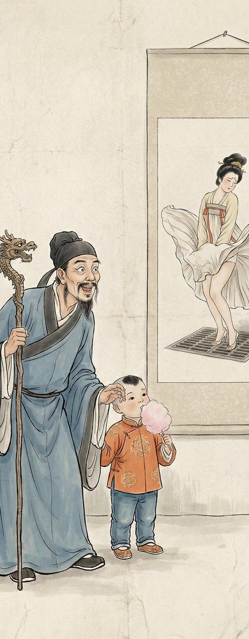 天伦图趣味水墨画