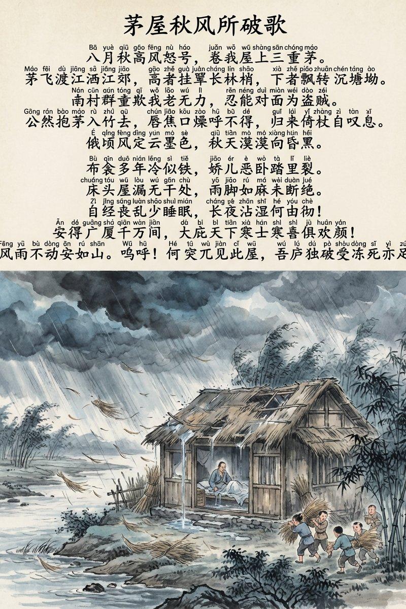 茅屋秋风所破歌中文和拼音图