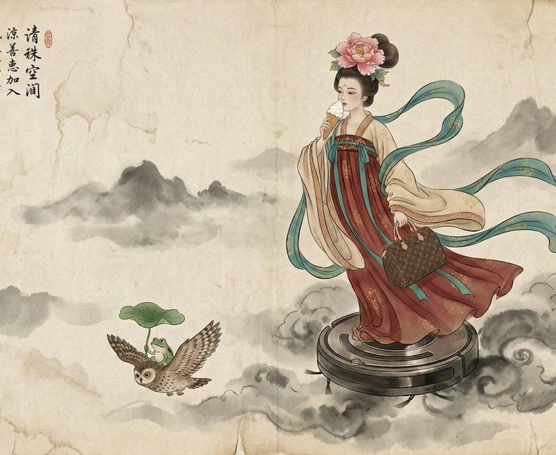 传统的中国工笔水墨画-仙女