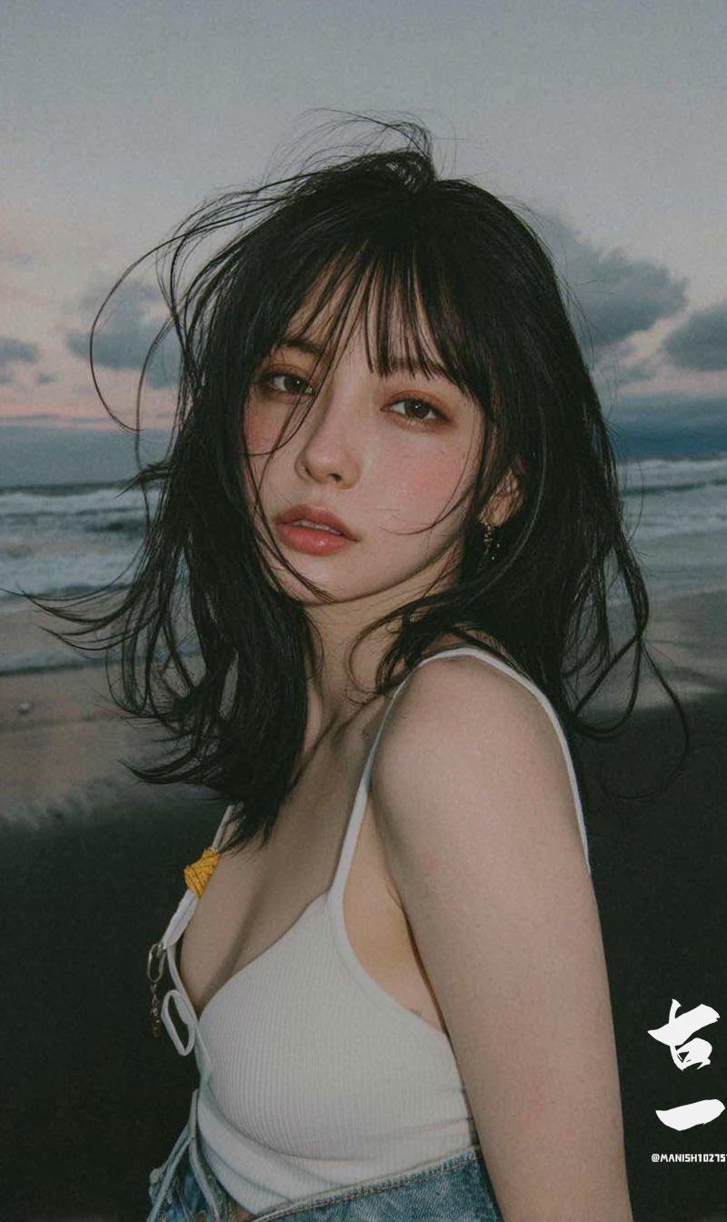 女子海边电影风格肖像照