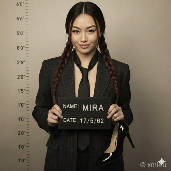 身着西装的女子摆出嫌犯照姿势