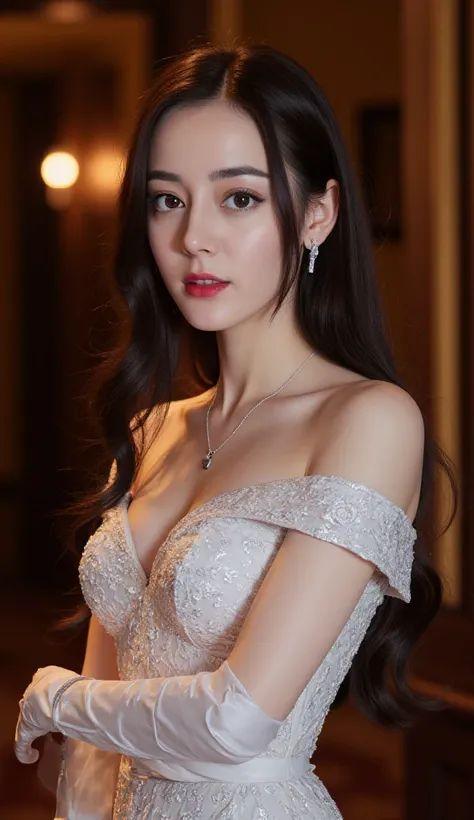 女子身穿白色露肩蕾丝婚纱