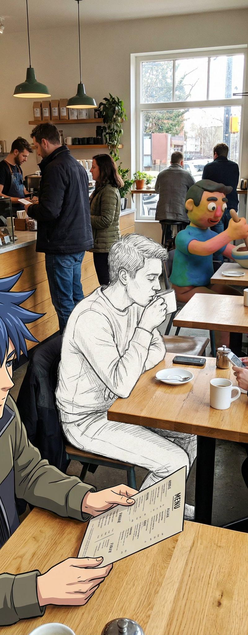 融合了动漫人物素描人物和黏土动画人物