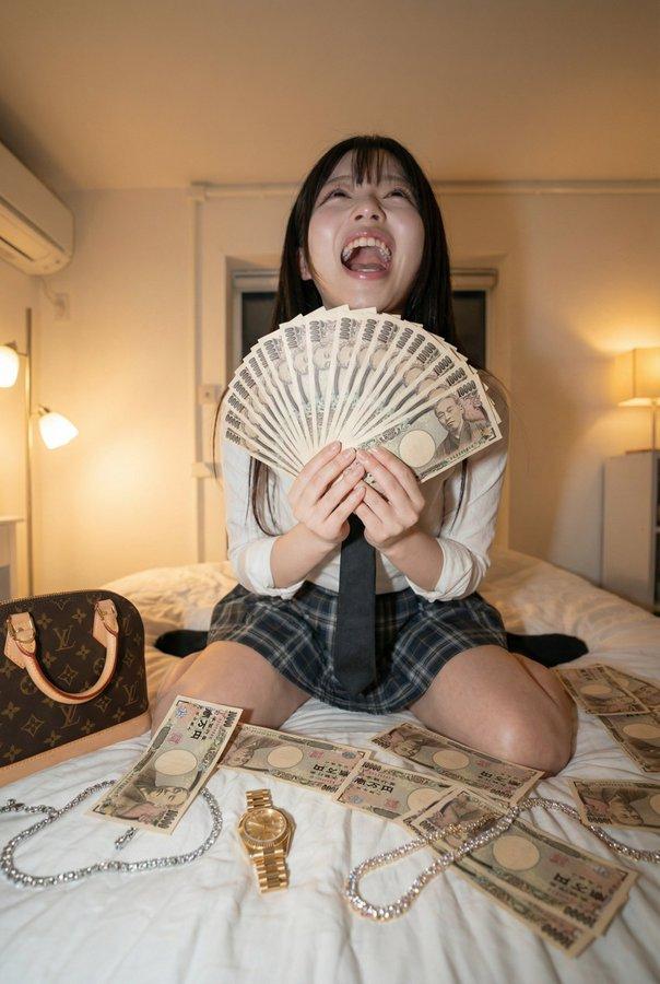 人物坐在床沿上双手摊开一叠钞票