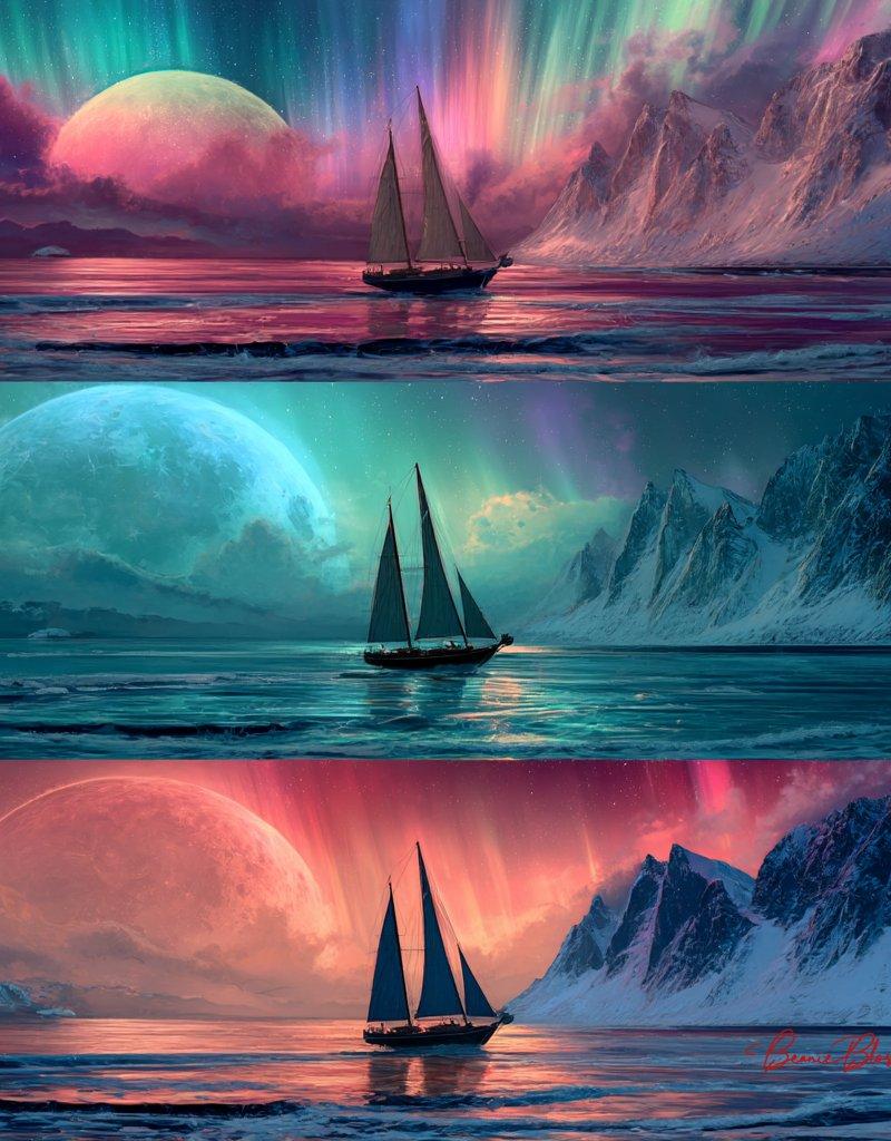 海洋中三艘不同的奇幻帆船