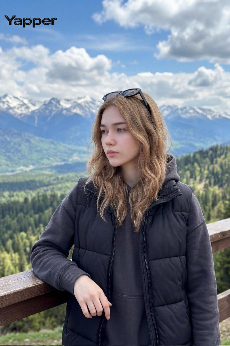 穿着羽绒背心在雪山下眺望的清新少女