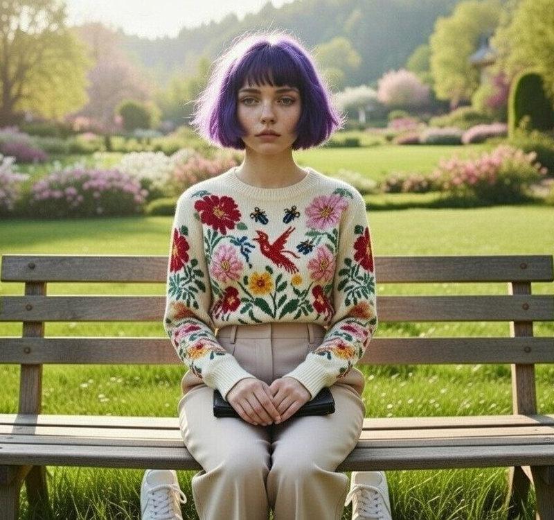 紫发波波头少女的静谧花园时光