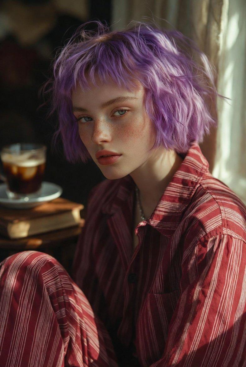 紫发雀斑少女的复古街头慵懒风