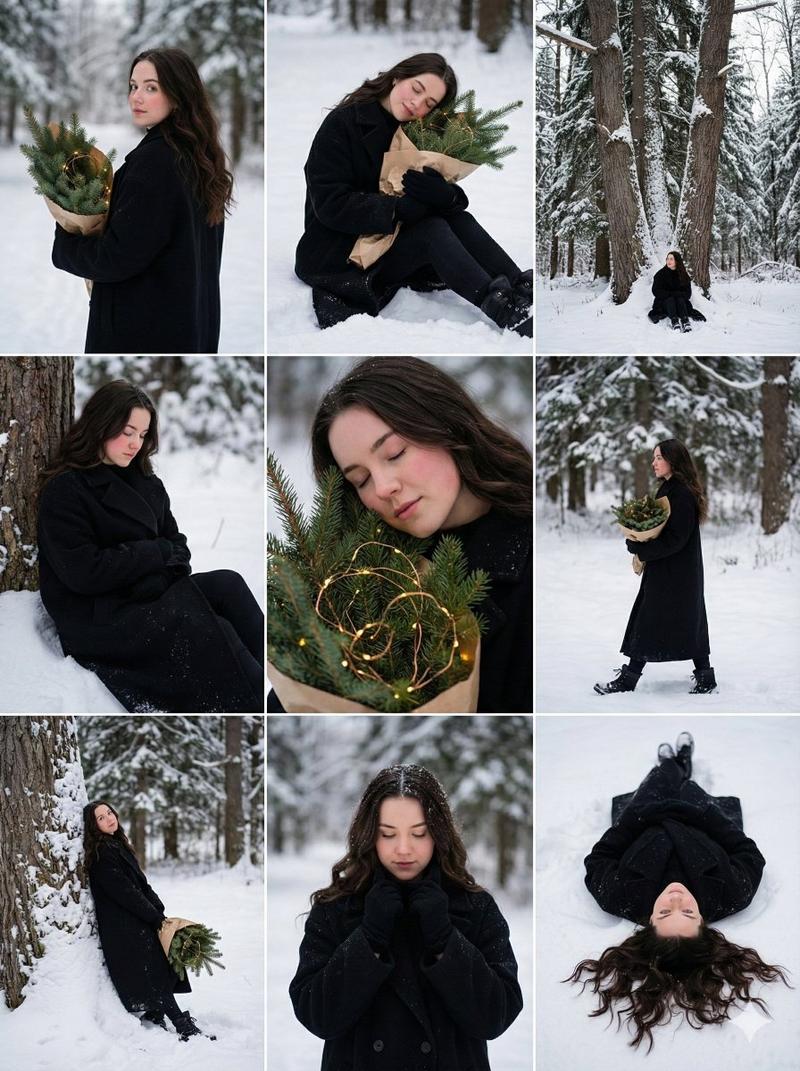 雪林光影:黑衣少女的静谧冬日叙事