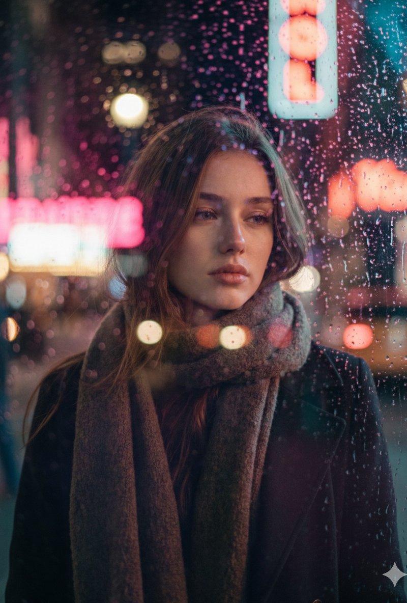 雨夜玻璃窗后的忧郁少女