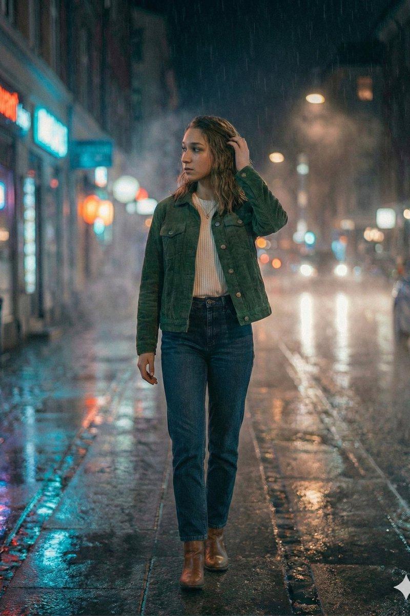 雨夜霓虹街头漫步的超写实电影感女孩