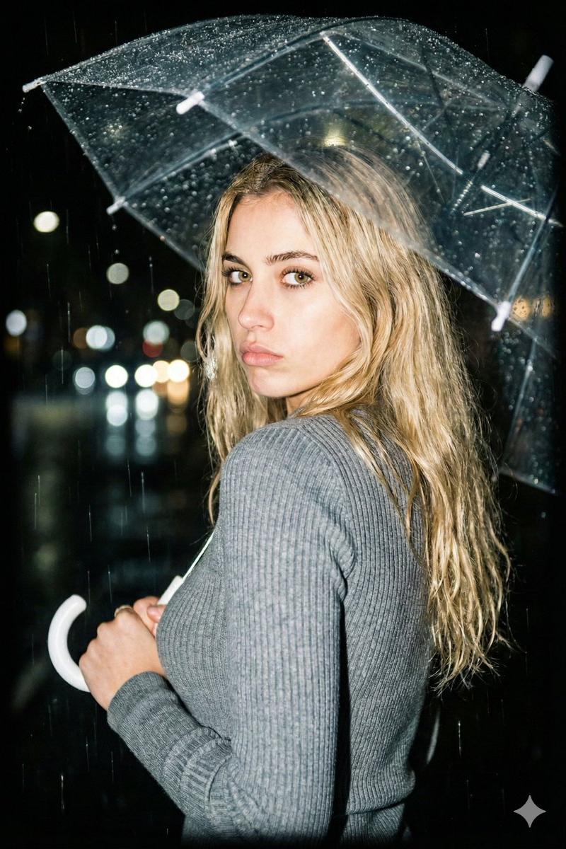 雨夜闪光灯下撑伞回眸的金发少女