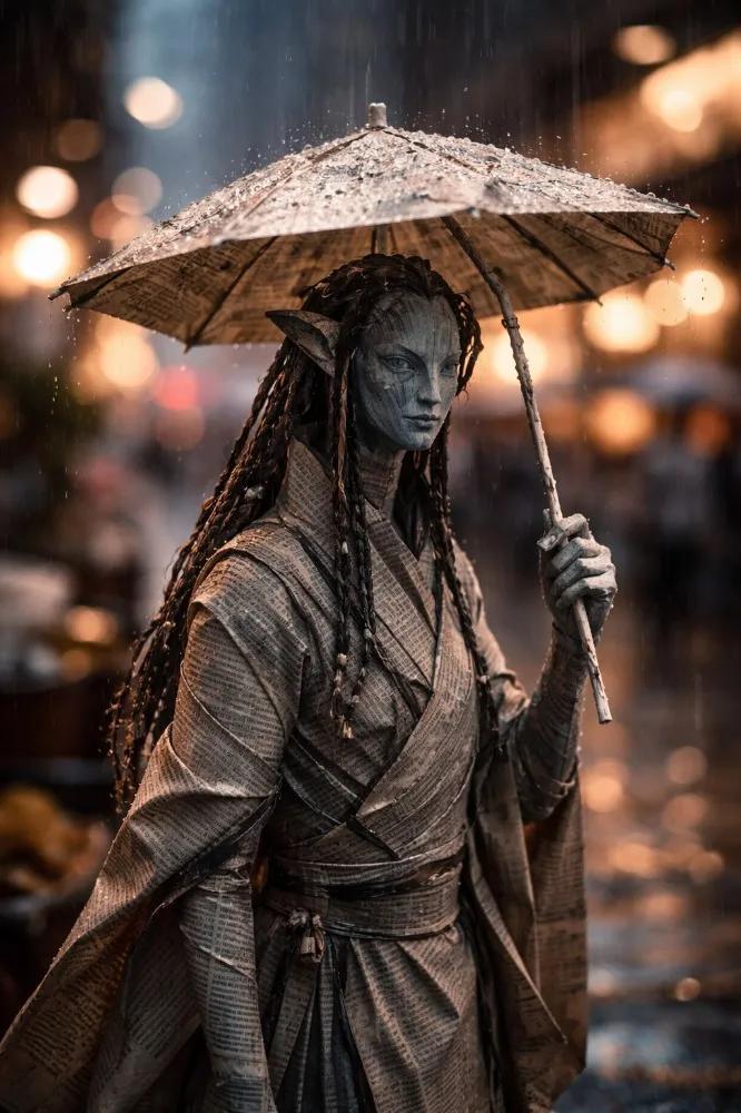雨夜繁华街头的报纸折纸人偶电影感