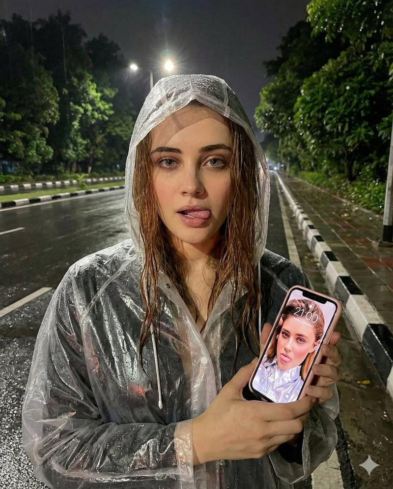 雨夜街头湿发少女透明雨衣高清自拍