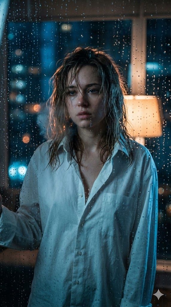 暴雨窗后的迷离眼神与白衬衫少女
