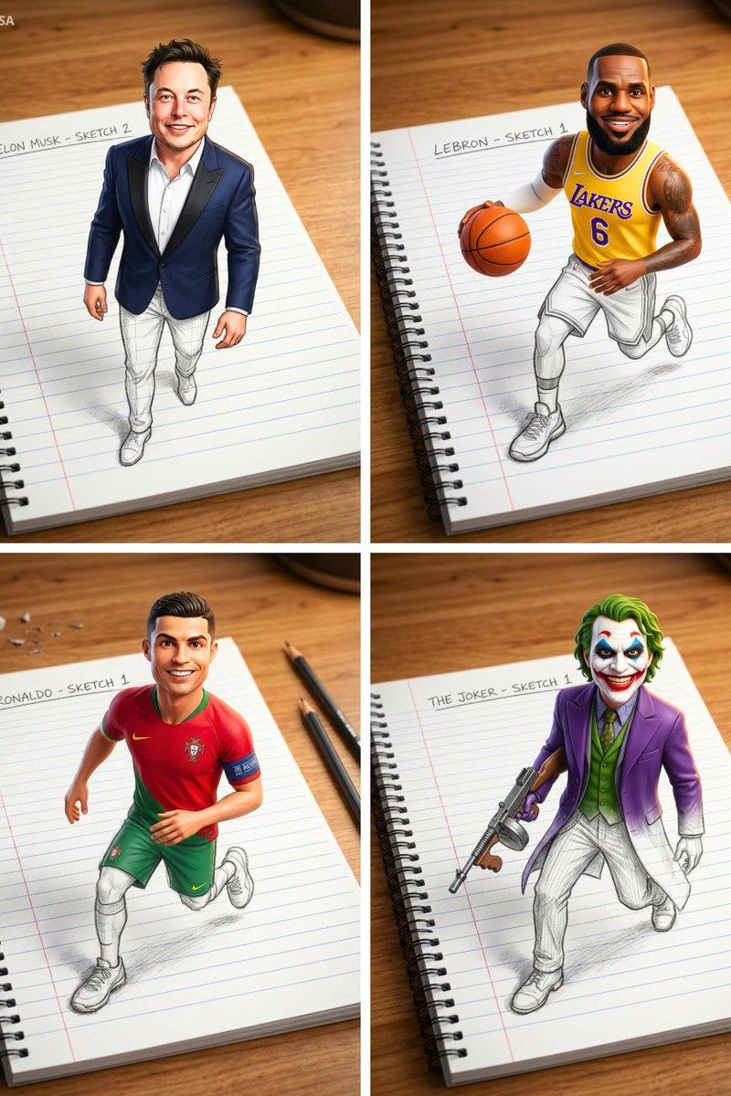 真实人物从笔记本素描中跃出的3D幻觉