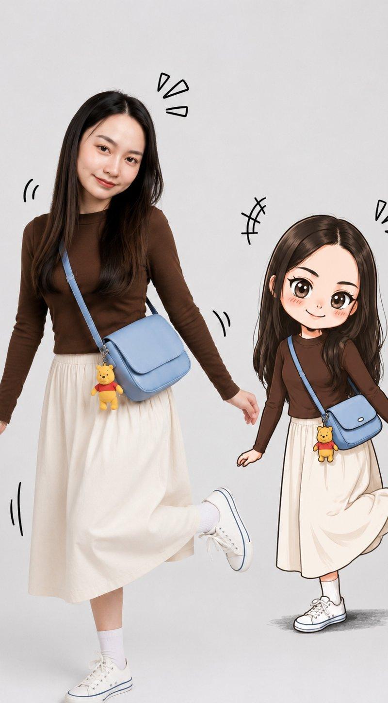 现实少女与二次元Q版对比构图