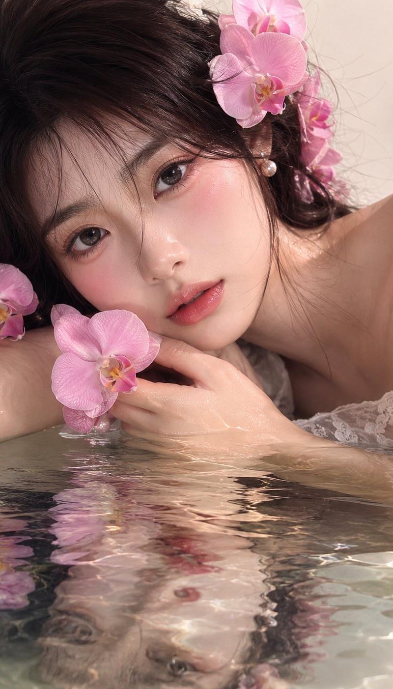 水面映入兰花少女超写实人像