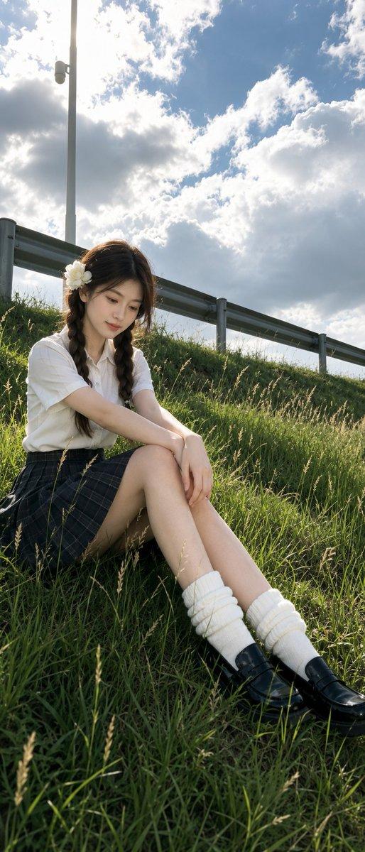 户外草坡电影感少女写实人像摄影