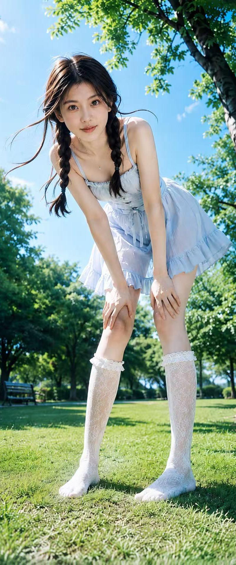 户外夏日公园写实人像摄影提示词