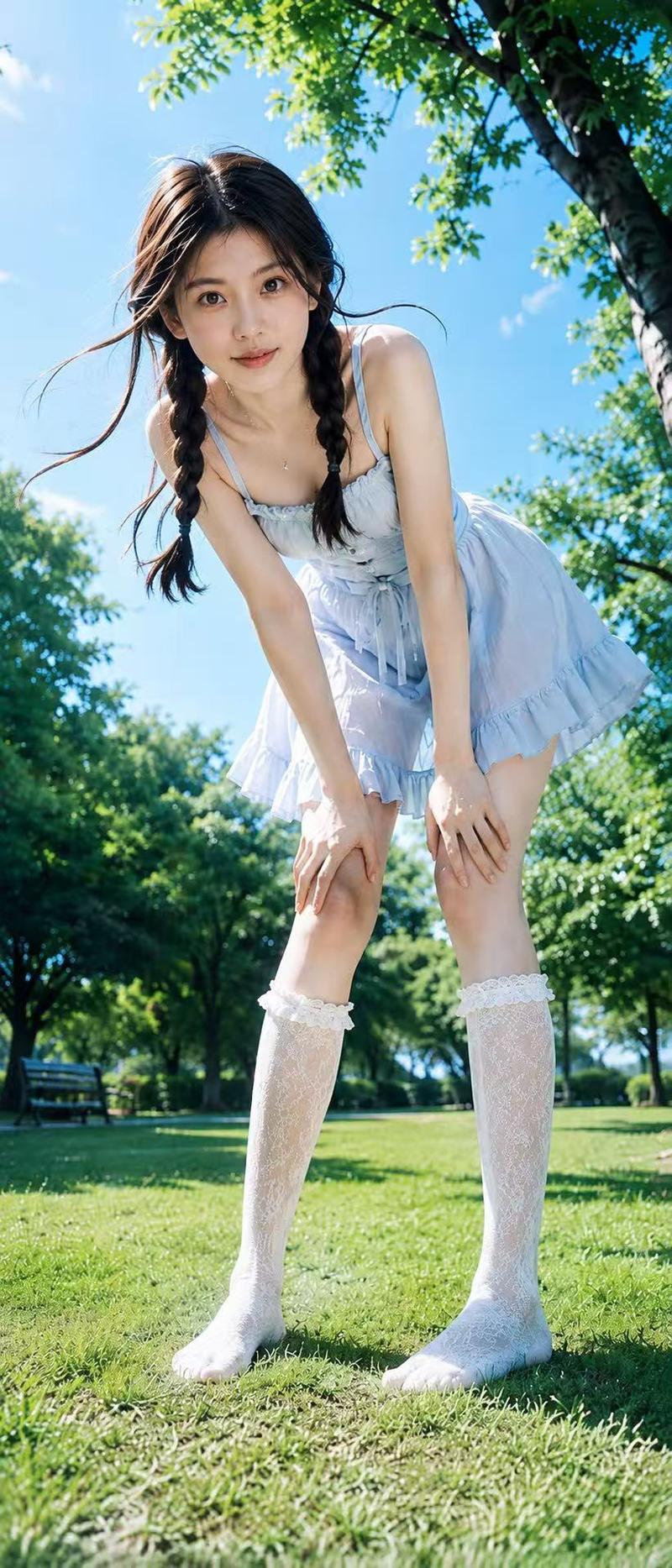 户外夏日公园写实人像摄影提示词