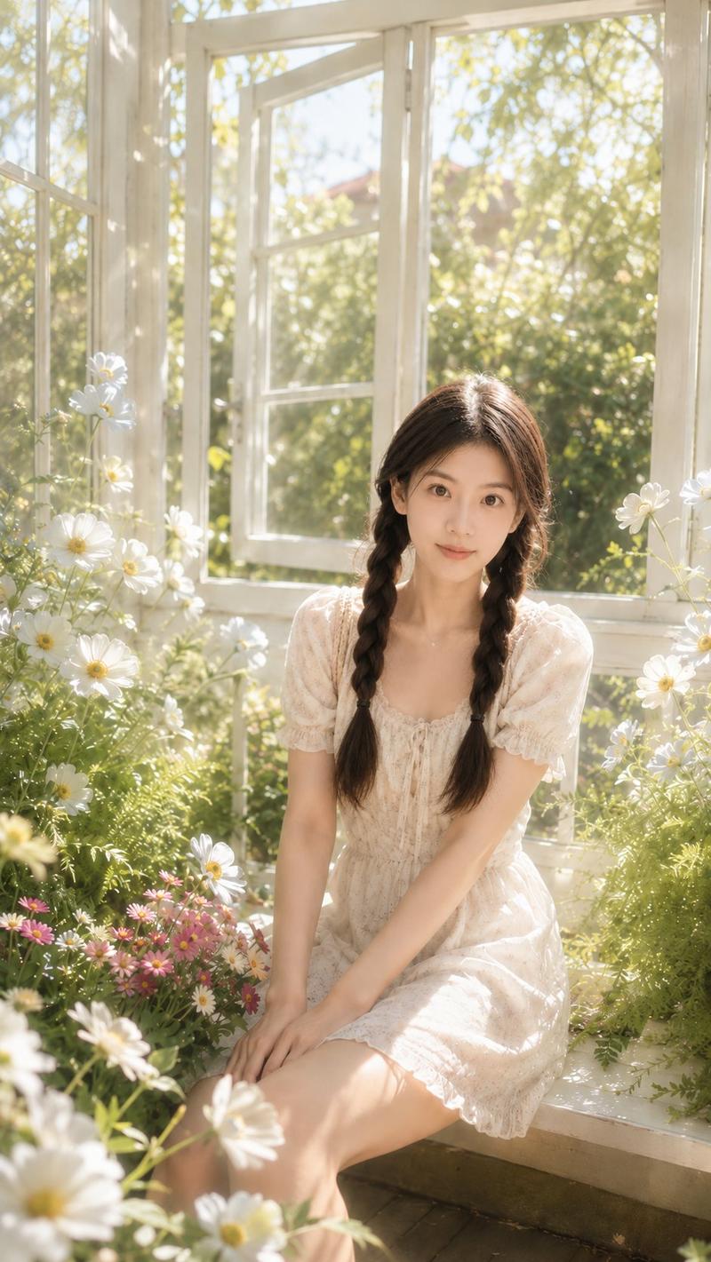 白色温室花卉背景真实质感人像摄影