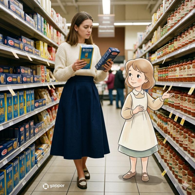 真实女性与复古迪士尼动画助理超市购物