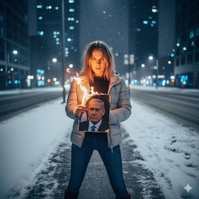 冰雪街头手持燃烧照片点烟的叛逆少女