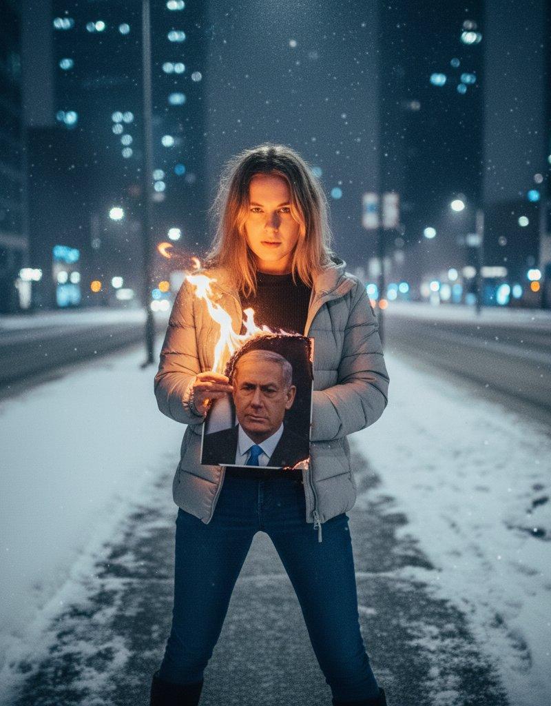 冰雪街头手持燃烧照片点烟的叛逆少女