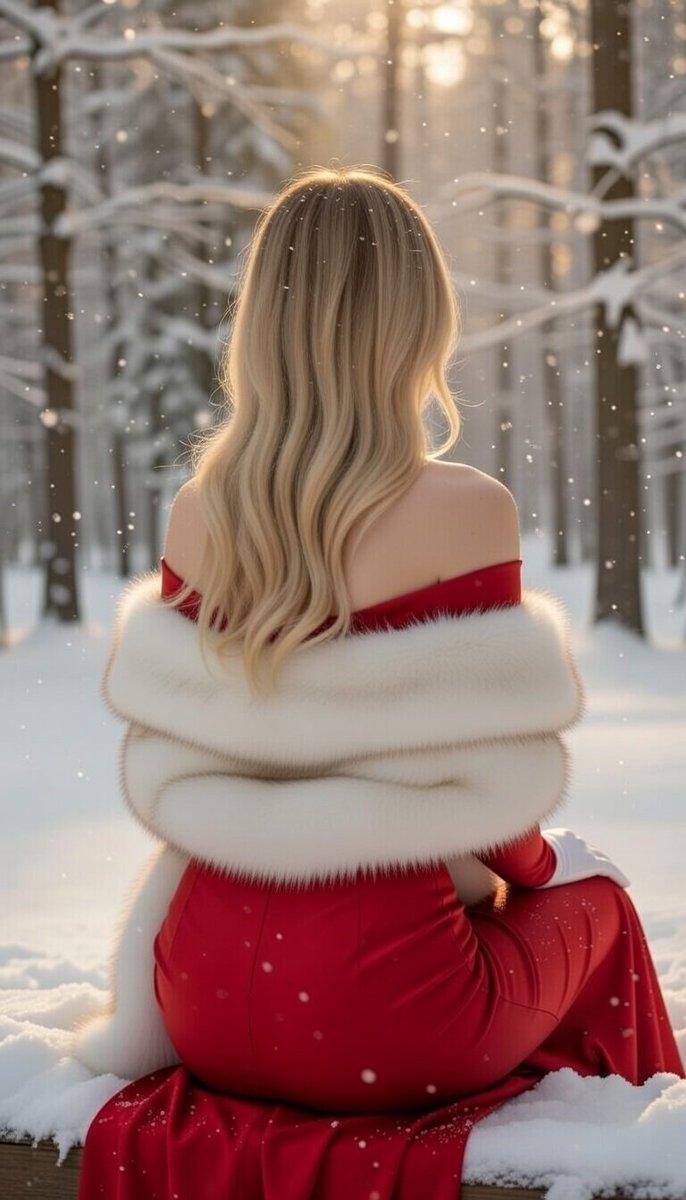 暖阳雪林中的红裙金发丽人