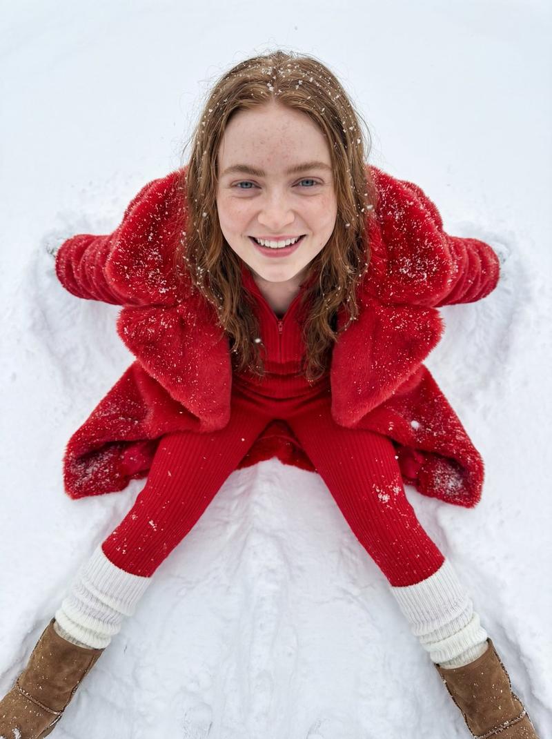 雪地红衣少女灿烂笑容超写实微距摄影