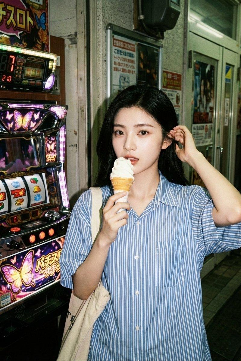 复古胶片感街机厅吃冰淇淋的少女