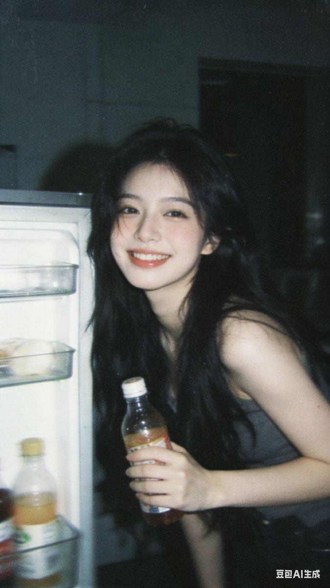 复古胶片感冰箱旁的甜美少女
