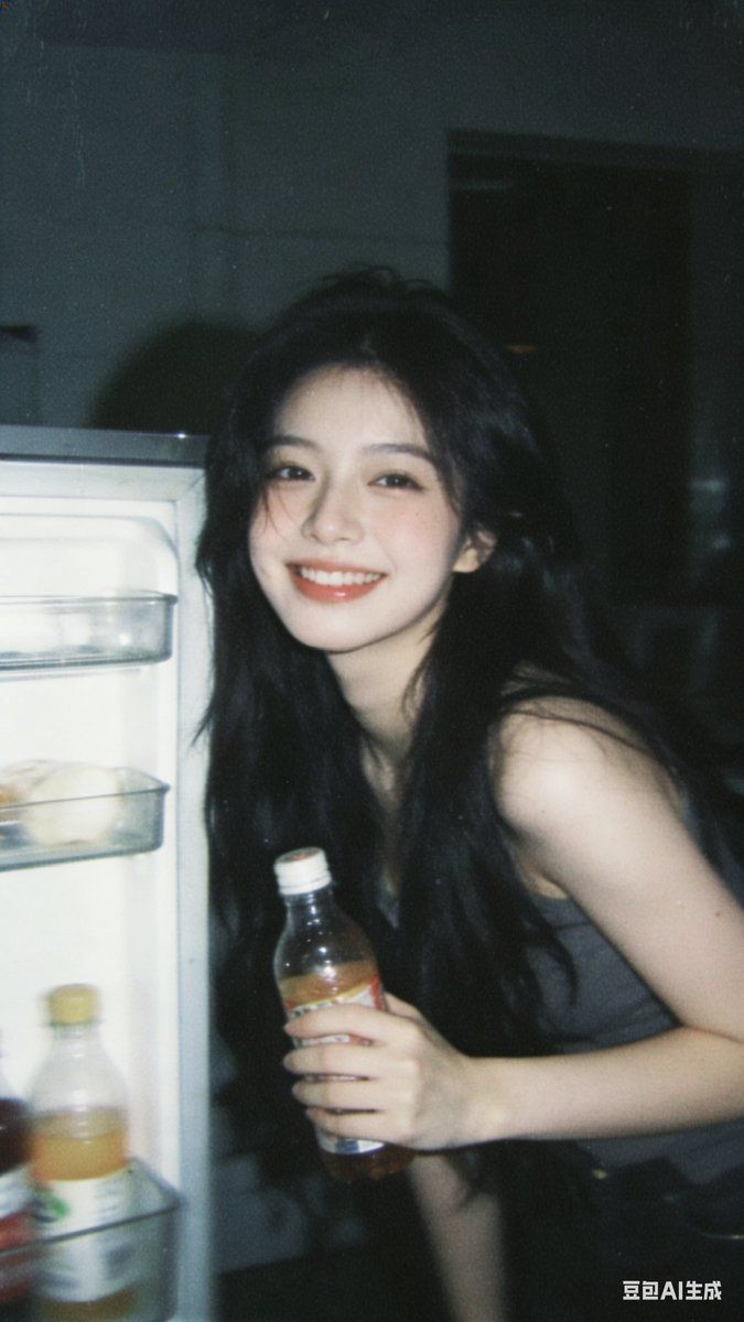 复古胶片感冰箱旁的甜美少女